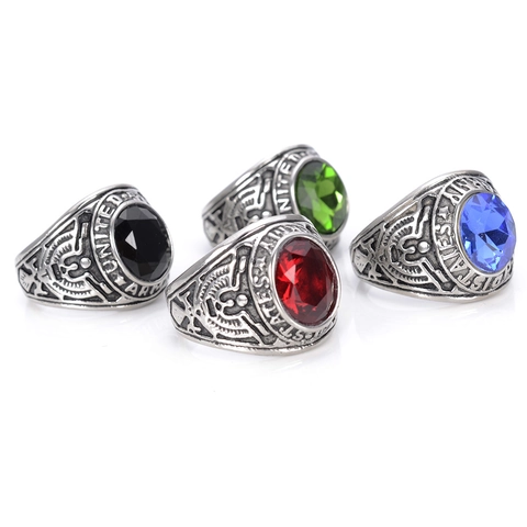Men Signet Ring Stainless Steel With Colorful Gemstone Punk Vintage US Army Military Style Jewelry