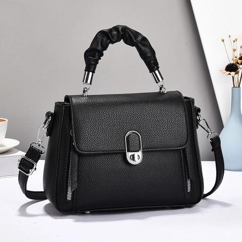 Women PU Leather Handbag Lychee Texture Ruched Handle Silver Metal Turn Lock Shoulder Crossbody Bag Casual Fashionable