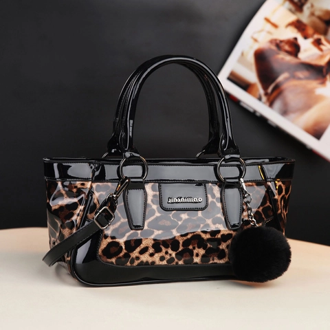 Women Leopard Print Handbag PU Patent Leather Crossbody Bag With Detachable Strap And Plush Ball Charm Fashion