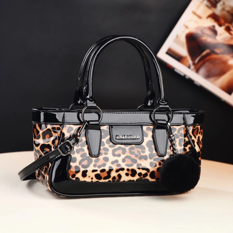 Women Leopard Print Handbag PU Patent Leather Crossbody Bag With Detachable Strap And Plush Ball Charm Fashion