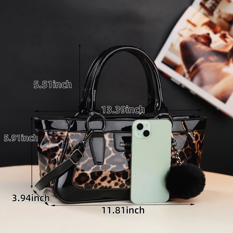 Women Leopard Print Patent Leather Tote Bag Large Capacity Vintage Fashion Shoulder Crossbody Handbag With Pom Pom Charm