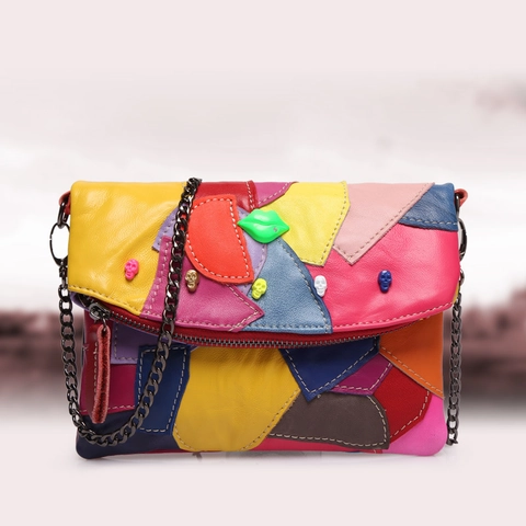 Bolso Bandolera Para Mujer De Piel De Oveja Genuina Patchwork Colorido Con Correa De Cadena De Metal Y Remaches De Calavera Punk