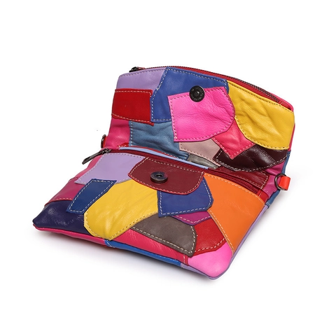 Bolso Bandolera Para Mujer De Piel De Oveja Genuina Patchwork Colorido Con Correa De Cadena De Metal Y Remaches De Calavera Punk
