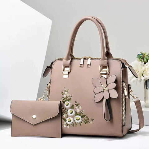 Fashion Daisy Embroidered PU Leather Handbag And Wallet For Women Elegant Tote Bag With Flower Charm Daily Shoulder Bag
