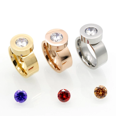 Stainless Steel Ring With Interchangeable Round Zircons 18K Gold Plated Wide Band DIY Jewelry For Women