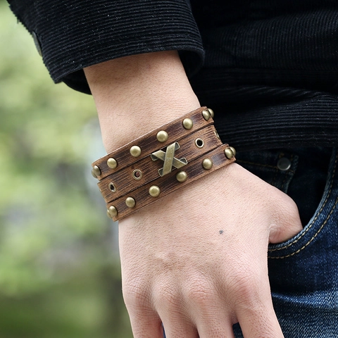Punk Wide Leather Bracelet Cowhide Wristband Alloy Rivets Vintage Gothic Rock Cross Metal Decoration Adjustable Snap Button