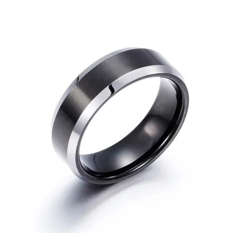 Anello In Acciaio Al Tungsteno Minimalista Centro Nero Opaco Bordo Smussato Lucido Argento Gioielli Larghi Per Uomini