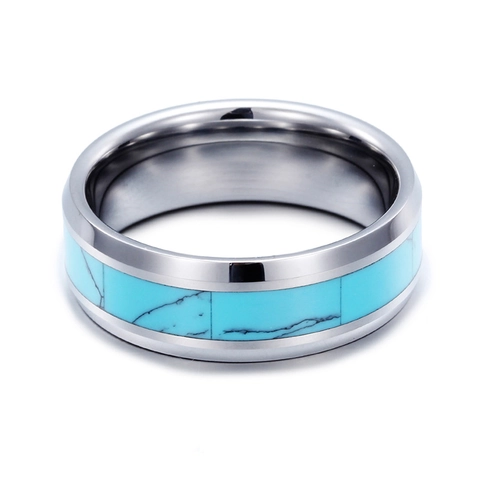 Anillo De Acero De Tungsteno Para Hombre Con Turquesa Incrustada Bordes Pulidos Joyería Minimalista Unisex