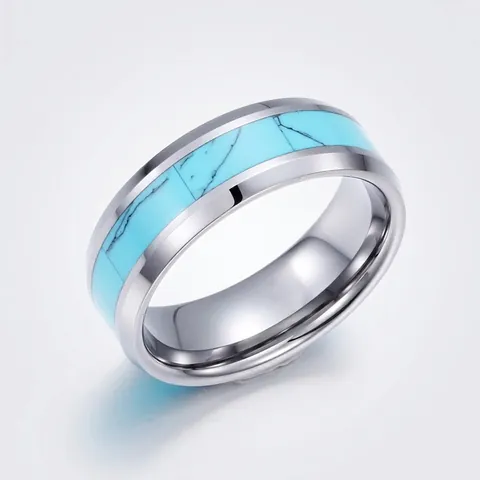 Anillo De Acero De Tungsteno Para Hombre Con Turquesa Incrustada Bordes Pulidos Joyería Minimalista Unisex