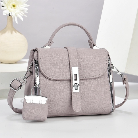 Women Handbag Lychee Grain PU Leather Top Handle Crossbody Bag With Silver Turn Lock And Detachable Strap Stylish Daily