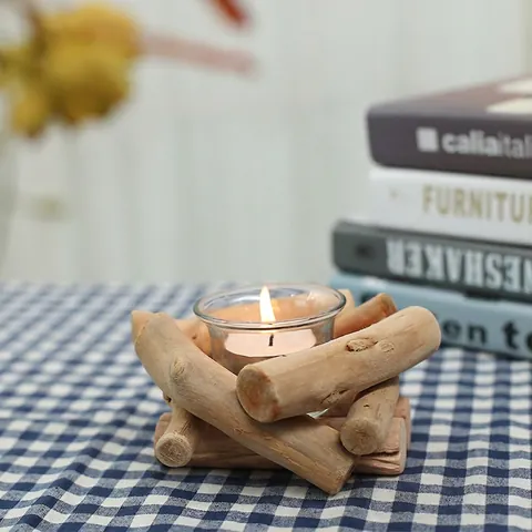 Rustic Wooden Candle Holder With Glass Cup And Tea Light Natural Driftwood Handmade Creative Table Centerpiece Decor
