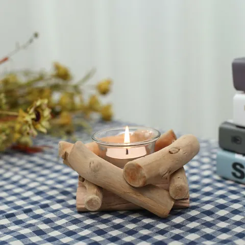Rustic Wooden Candle Holder With Glass Cup And Tea Light Natural Driftwood Handmade Creative Table Centerpiece Decor