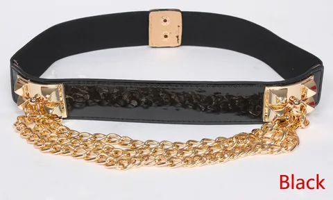 Damen Breiter Korsettgürtel Elastisch Kunstleder Punk Nieten Dreifache Goldene Metallketten Mode Taillengürtel Für Kleider