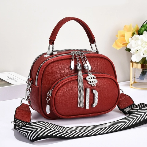 Borsa A Mano Da Donna In Pelle PU Con Motivo Lychee Scomparti Multipli Con Cerniera E Tracolla Larga Con Ciondoli