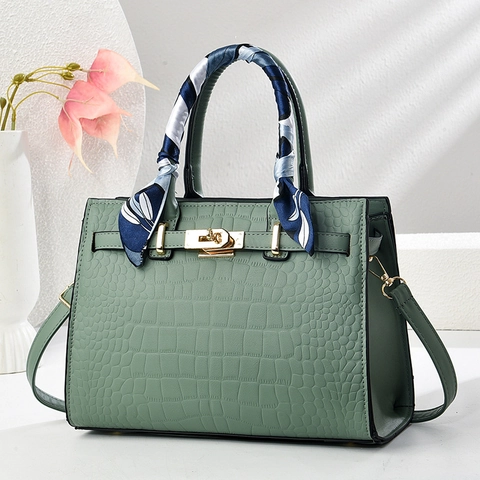 Women Crocodile Embossed Handbag PU Leather Satin Scarf Wrapped Handle Golden Lock Commuter Shoulder Bag Elegant