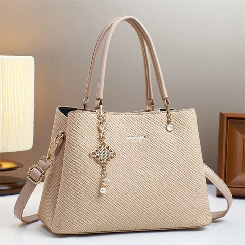Bolso De Mano Para Mujer Textura Tejida Cuero PU Tote Bag Con Correa De Hombro Desmontable Colgante Perla Artificial Tendencia