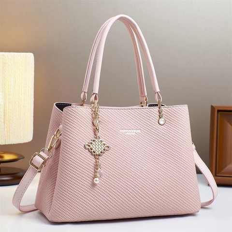 Bolso De Mano Para Mujer Textura Tejida Cuero PU Tote Bag Con Correa De Hombro Desmontable Colgante Perla Artificial Tendencia