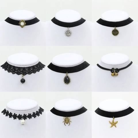 Vintage Gothic Black Lace Velvet Choker Necklace Set For Women Alloy Sun Moon Starfish Pearl Pendant Retro Punk Neck Jewelry Accessory