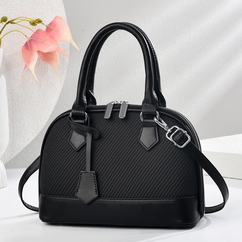 Shell Shoulder Bag PU Leather Spliced Woven Texture Silver Hardware Dual Zip Round Handle Fashion Handbag For Women
