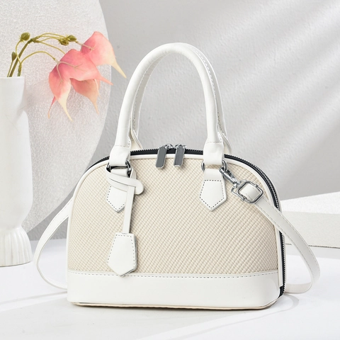 Shell Shoulder Bag PU Leather Spliced Woven Texture Silver Hardware Dual Zip Round Handle Fashion Handbag For Women