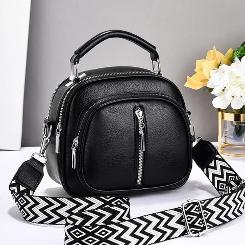 Women PU Leather Handbag Litchi Texture Multi-Zipper Crossbody Bag With Wide Geometric Strap Street Trend Fashion