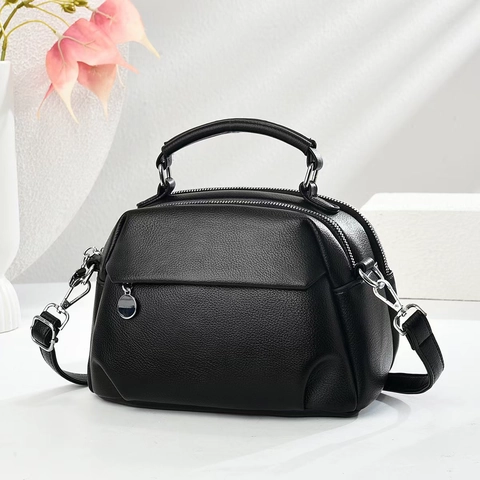 Women Shoulder Handbag Litchi Grain PU Leather Double Zipper Multi Layer Crossbody Bag With Round Metal Pendant Minimalist