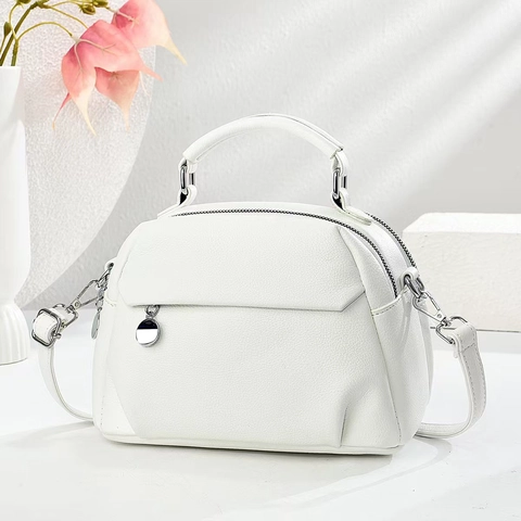 Women Shoulder Handbag Litchi Grain PU Leather Double Zipper Multi Layer Crossbody Bag With Round Metal Pendant Minimalist
