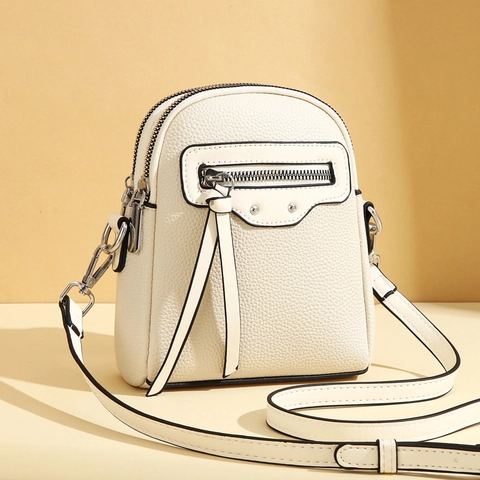 Mini Crossbody Bag Litchi Grain PU Leather Phone Purse Motorcycle Style Rivet Tassel Double Zipper Adjustable Strap