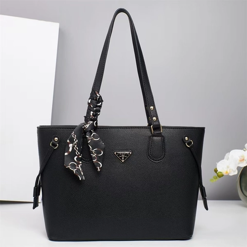 Borsa Tote Donna Pelle PU Trama Litchi Con Decorazione Foulard Raso Elegante Grande Capacità Ufficio Quotidiano