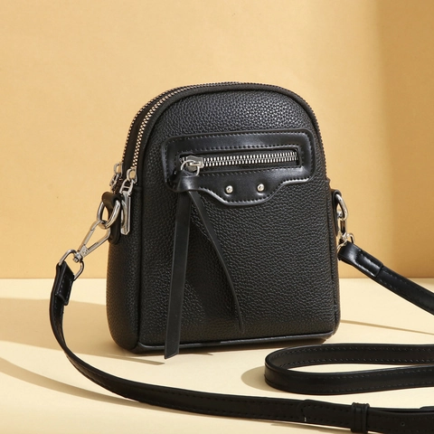 Mini Crossbody Bag Litchi Grain PU Leather Phone Purse Motorcycle Style Rivet Tassel Double Zipper Adjustable Strap