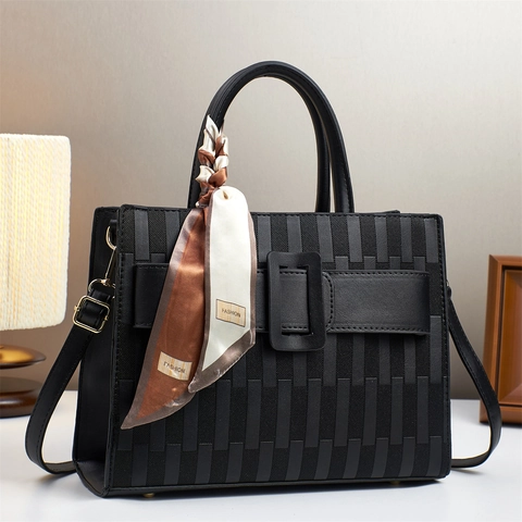 Fashion Women Handbag PU Leather Embossed Tote Shoulder Bag With Big Buckle Decoration And Satin Scarf For Daily Matching
