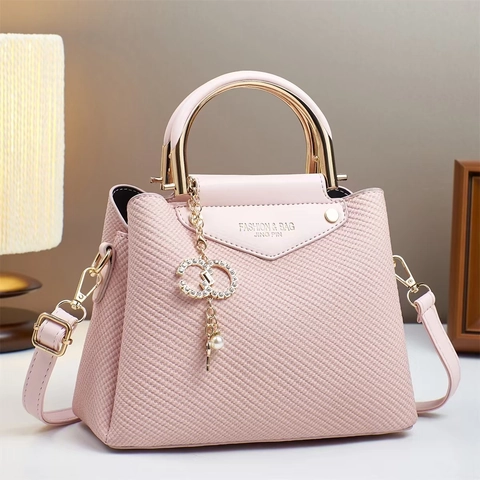 Women PU Leather Handbag Elegant Weave Texture Large Capacity Shoulder Crossbody Bag Metal Handle Rhinestone C Charm