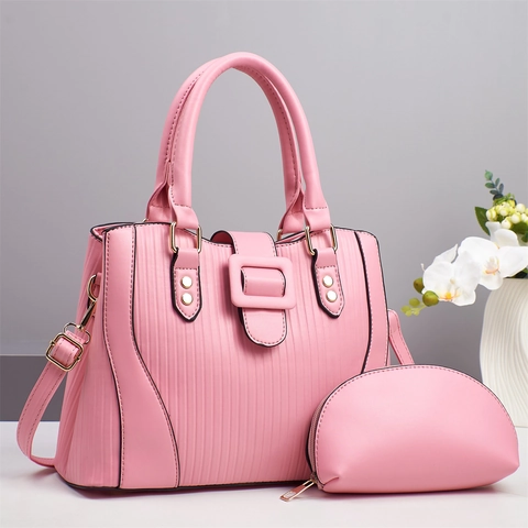 Women Fashion Striped PU Leather Shoulder Bag Large Capacity Bucket Handbag 2-Piece Set With Matching Pouch Gold Hardware Chain Commute Tote Bag
