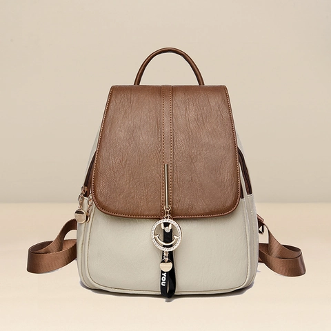 Women Fashion PU Leather Colorblock Backpack Vintage Small Travel Bag With Cute Cat Fur Ball Smile Face Pendant Daily Backpack
