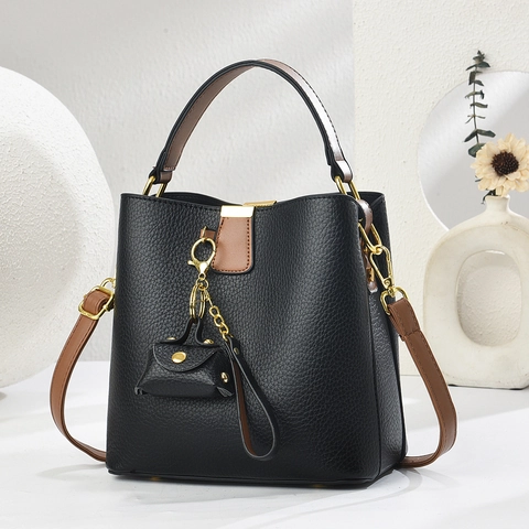 Lychee Pattern PU Leather Bucket Bag For Women Contrast Color Crossbody Shoulder Bag With Mini Coin Purse Charm Elegant