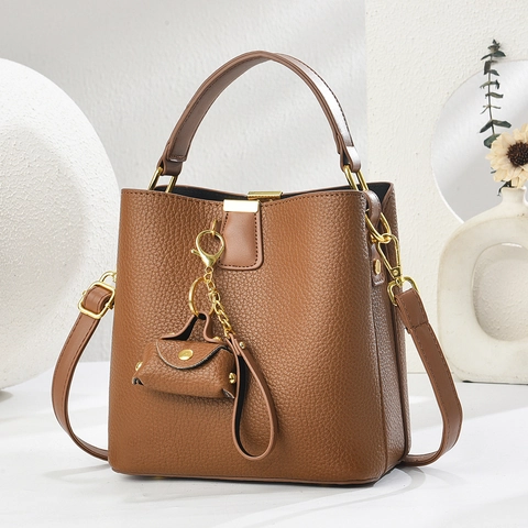 Lychee Pattern PU Leather Bucket Bag For Women Contrast Color Crossbody Shoulder Bag With Mini Coin Purse Charm Elegant