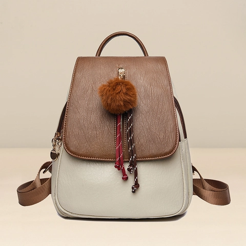 Women's Fashion PU Leather Backpack Stylish Color Block Travel School Bag With Plush Ball Cat Pendant Large Capacity Knapsack