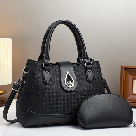 Women Handbag And Small Pouch Grid Embossed PU Leather Metal Buckle Adjustable Shoulder Strap Versatile Elegant Tote