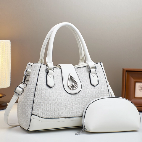 Women Handbag And Small Pouch Grid Embossed PU Leather Metal Buckle Adjustable Shoulder Strap Versatile Elegant Tote