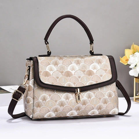 Women Handbag Retro PU Leather Jacquard Fan Pattern Top Handle Crossbody Bag With Hardware Lock For Office Commuter