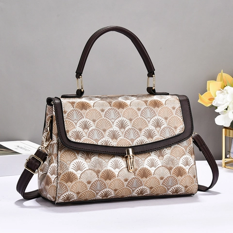 Women Handbag Retro PU Leather Jacquard Fan Pattern Top Handle Crossbody Bag With Hardware Lock For Office Commuter