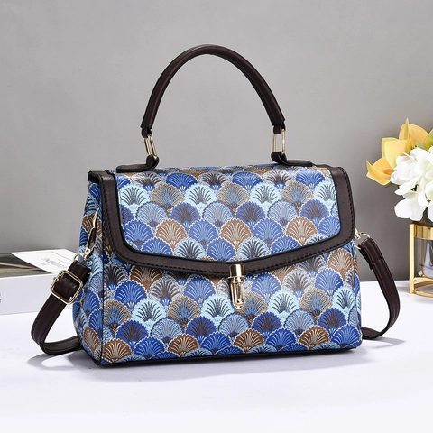 Women Shoulder Bag Retro Fan Print Jacquard PU Leather Top Handle Crossbody With Adjustable Strap Twist Lock Urban Fashion