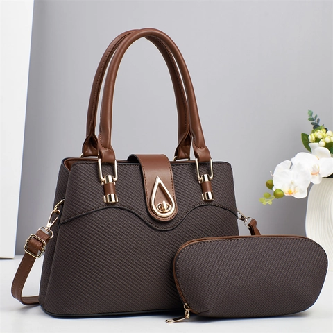 Women Handbag And Pouch Elegant PU Leather Woven Texture Teardrop Metal Lock Shoulder Crossbody Bag