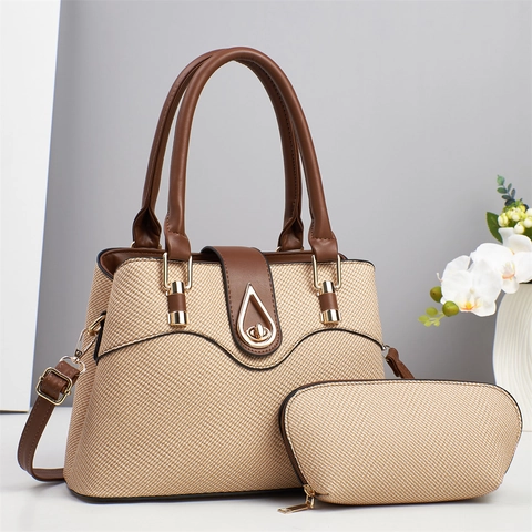 Women Handbag And Pouch Elegant PU Leather Woven Texture Teardrop Metal Lock Shoulder Crossbody Bag