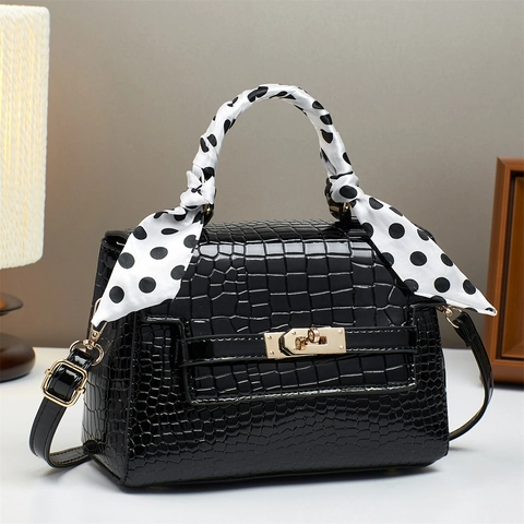 Women Crocodile Pattern PU Leather Handbag With Polka Dot Scarf Handle Fashion Crossbody Square Bag For Daily Use
