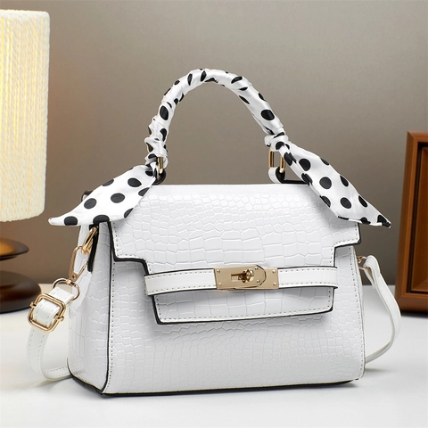 Women Crocodile Pattern PU Leather Handbag With Polka Dot Scarf Handle Fashion Crossbody Square Bag For Daily Use