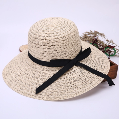 Women Straw Sun Hat Wide Brim Foldable Beach Vacation Summer Ribbon Bow Elegant Breathable Accessory