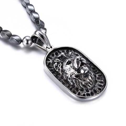 Löwenkopf Anhänger Halskette Mit 316L Edelstahl Und Hämatit Perlen Punk Hip Hop Stil Schmuck Für Herren