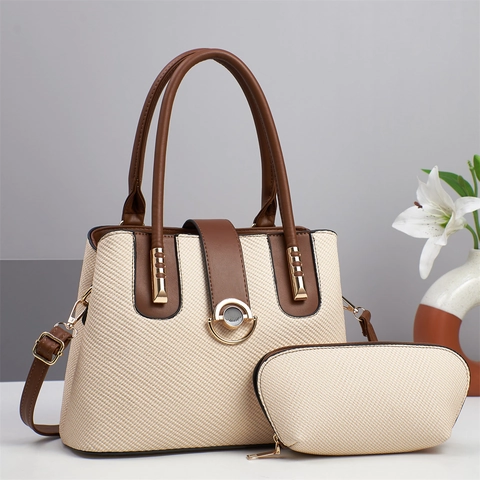 Women Handbag And Small Pouch Woven Texture PU Leather Large Capacity Shoulder Crossbody Bag For Commuting Elegant