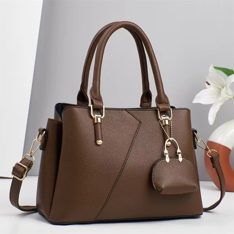 Women Litchi Pattern PU Leather Handbag Elegant Diagonal Stitching Shoulder Crossbody Bag With Mini Pouch Charm